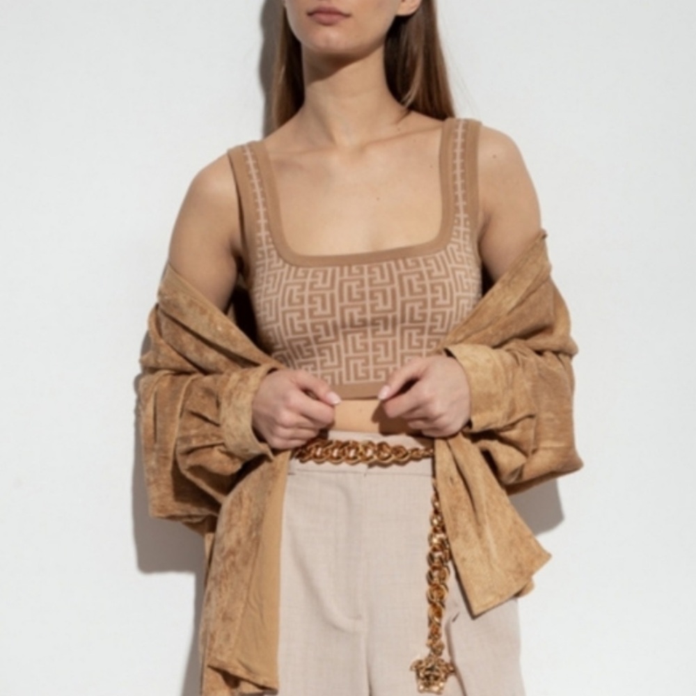 Balmain Tan Geometric Tank Knit Top